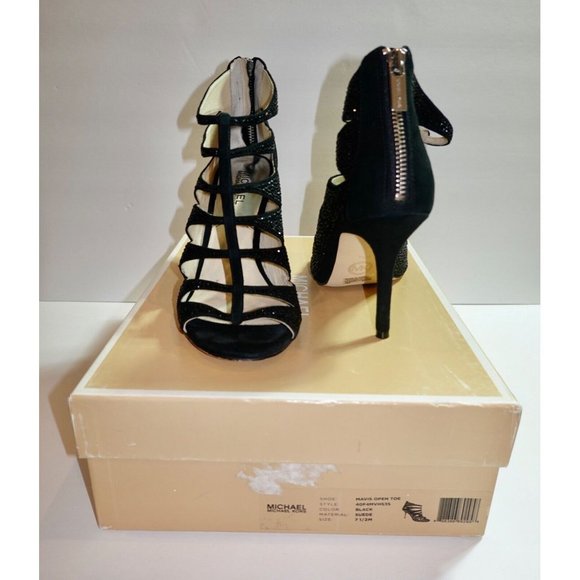 Michael Kors Mavis Open Toe Suede Stilettos Black with Crystals size 7.5 - Picture 2 of 8